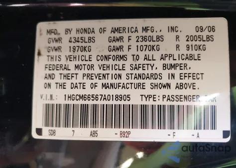 2007 Honda Accord 3.0 Ex из США, поврежденный, VIN 1HGCM66567A018905